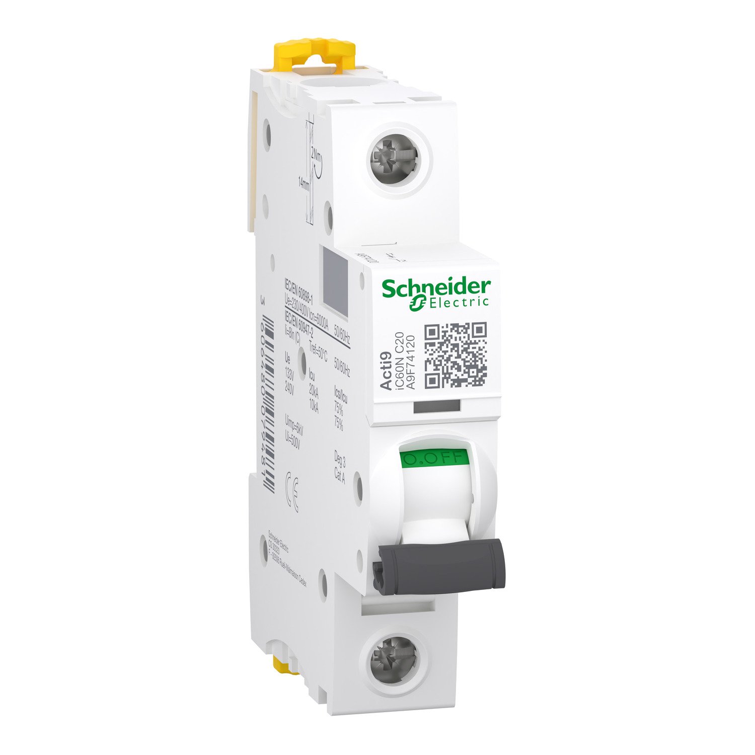 Schneider Electric A9F74120 Acti9 iC60N miniature circuit breaker, 1P, 20A, C curve, DIN rail