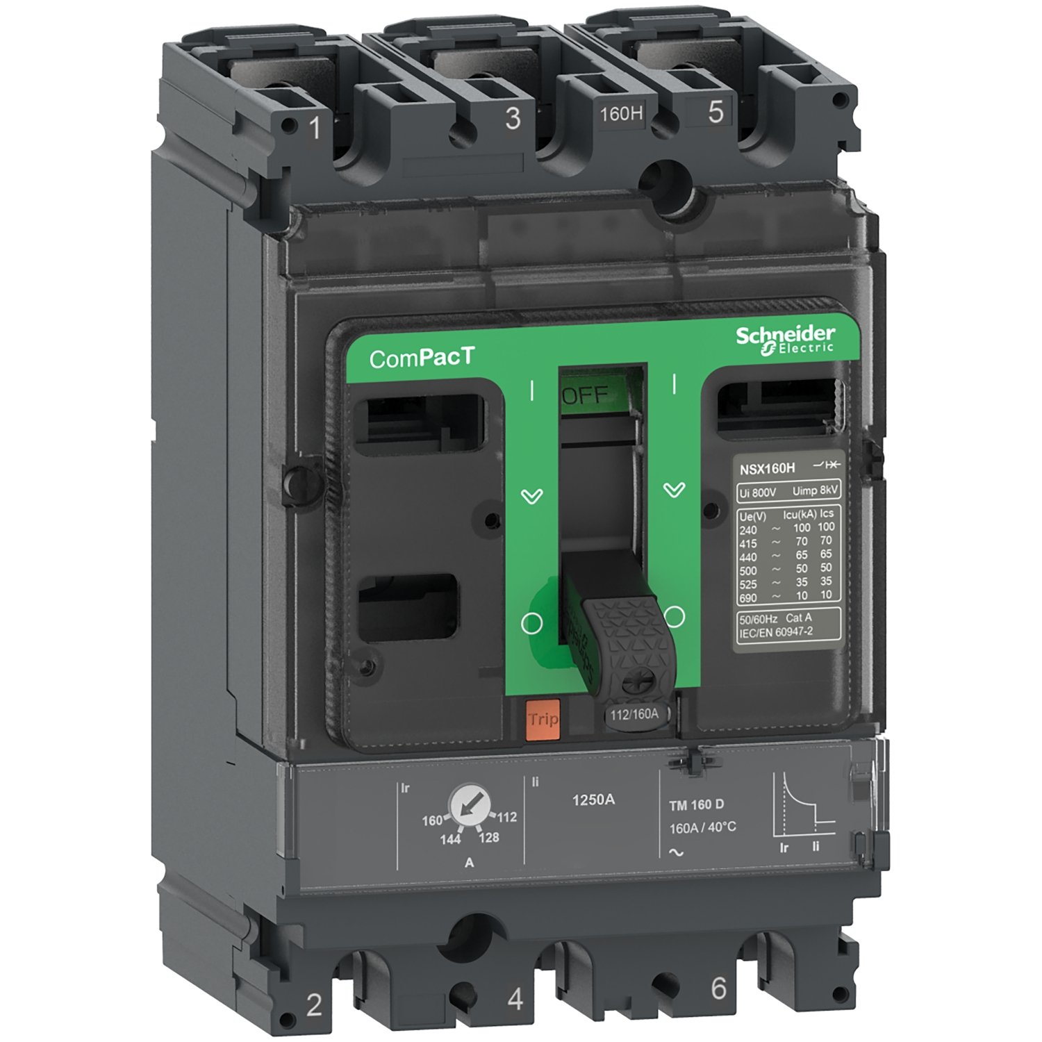 Schneider Electric C16F3TM160 ComPacT NSX160F molded case circuit breaker, 3 pole, 160A, 36kA