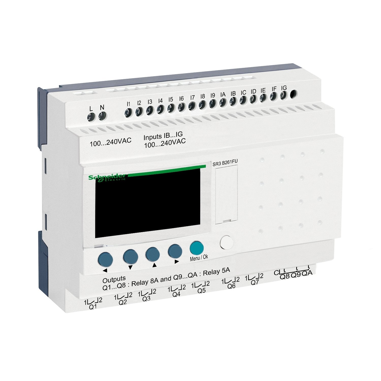 Schneider Electric SR3B261FU Zelio Logic modular smart relay, 26 I/O, LCD display, DIN rail