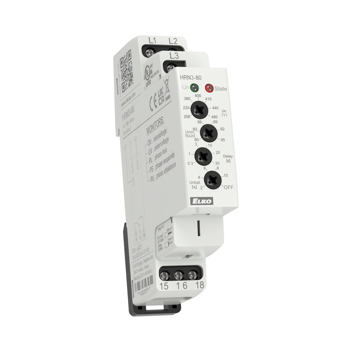 ELKO EP HRN3-80 3-phase voltage monitoring relay, DIN rail mount, selectable range 208–480V