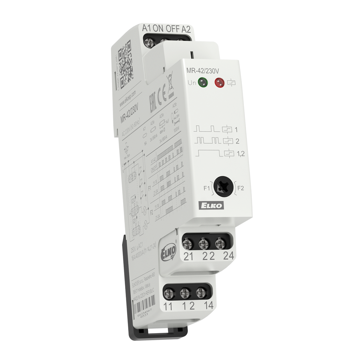ELKO EP MR-42/UNI memory/latching relay, 2×16A DPDT output, DIN rail mount